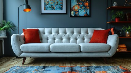 A modern living room featuring a stylish sofa, decorative pillows, and vibrant artwork.