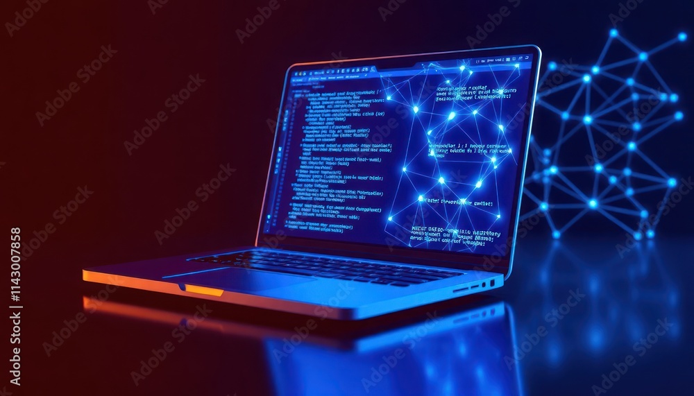 Poster futuristic laptop screen displays complex code. geometric blue design, glowing network background. i