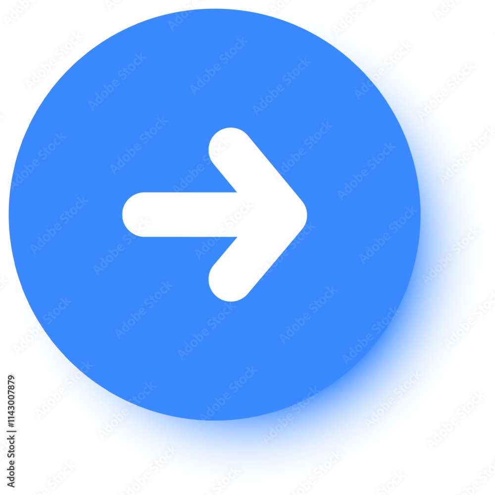 Aufkleber white arrow pointing right on a light blue round button with a slight shadow, perfect for web design