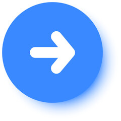 White arrow pointing right on a light blue round button with a slight shadow, perfect for web design, user interfaces, and other digital applications
