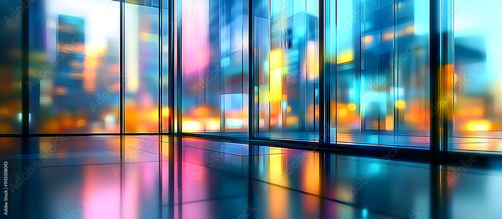 Poster abstract urban scene with glass structures reflecting colorful lights, creating a modern and futuris