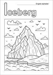coloring page, English alphabet, letter I with an iceberg image