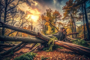 Vintage Storm Damage: Fallen Trees, Broken Branches, Nature's Fury, Rustic Photography