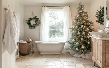 A bright and airy bathroom with natural stone floors and a Christmas tree decorated with subtle white lights near the window