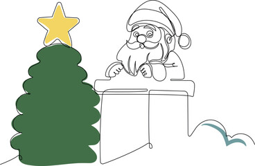 One continuous line drawing Santa Claus on reindeer and sled. concept for Christmas and New Year.  Vector illustration