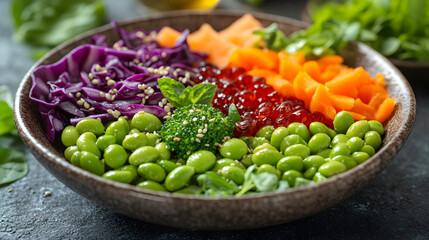 A Colorful and Flavorful Healthy Salad Featuring Steamed Broccoli, Edamame, and Mixed Greens