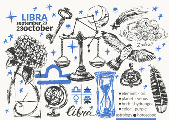 Hand drawn libra zodiac sign illustration, horoscope background with astrology symbols and talismans.