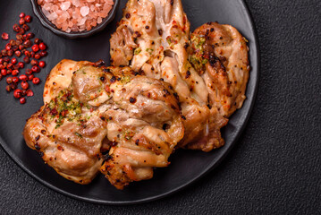 Grilled boneless chicken thigh with salt, spices and herbs