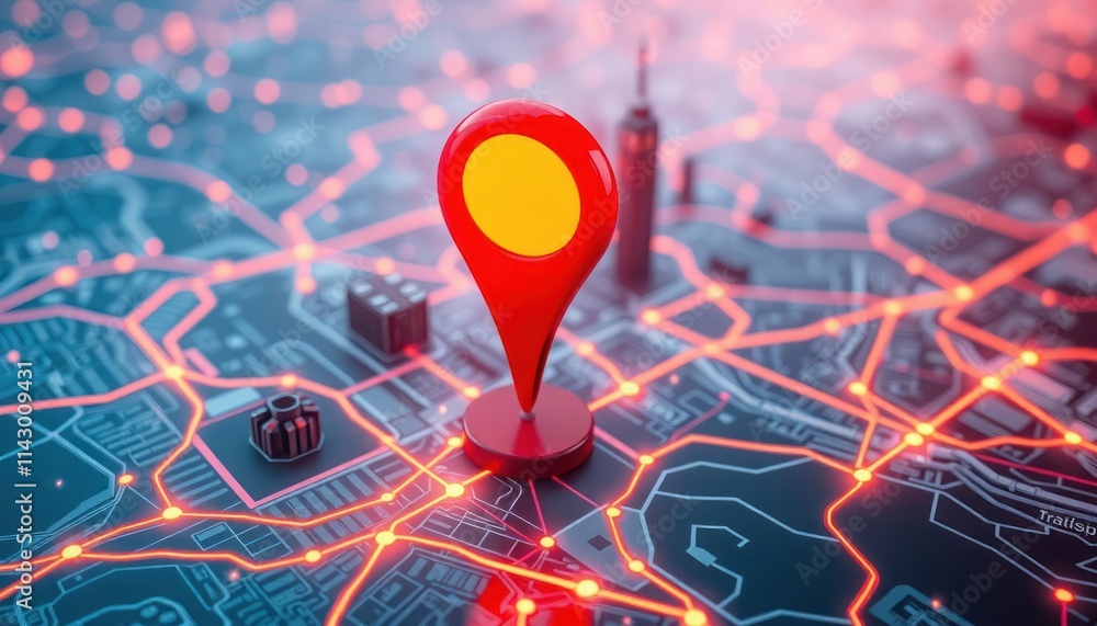 Poster futuristic map with glowing red pin. tech location pin highlights destination. modern city map shows