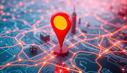Futuristic map with glowing red pin. Tech location pin highlights destination. Modern city map shows route. Navigation system concept. Travel tech illustration.