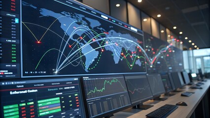 A high-tech control room with multiple computer screens displaying intricate network maps and data visualizations. The image conveys a sense of global connectivity, data monitoring, and potentially cy