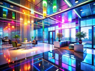 Abstract AI image: a futuristic office lobby's bokeh-blurred, sleek tech interior.