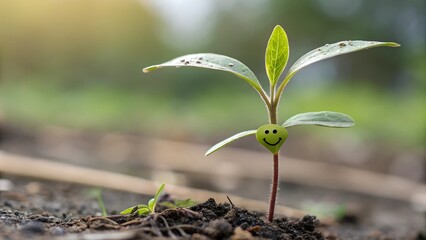 A cheerful seedling with a smiley face drawn on its stem, sprouting from rich soil.