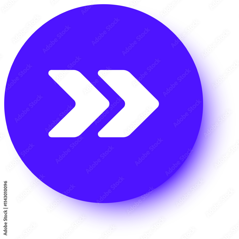 Poster double white arrows pointing right on a vibrant purple circle with a subtle shadow, symbolizing prog