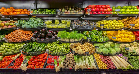 Neatly organized assortment of vibrant fresh fruits and vegetables in grocery store fresh Fruits...