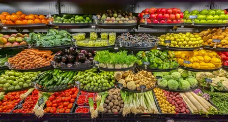 Neatly organized assortment of vibrant fresh fruits and vegetables in grocery store fresh Fruits and Vegetables section © Kira_Yan