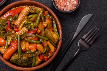 Mix of vegetables corn, carrots, peppers, broccoli, onions in teriyaki sauce