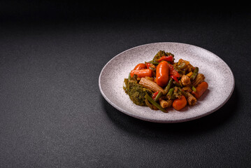 Mix of vegetables corn, carrots, peppers, broccoli, onions in teriyaki sauce