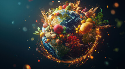 3D Globe with Orbiting Food-Related Icons and Glowing Warm Trails: Representing Global Food Security and Agriculture