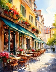 Charming watercolor European street café with outdoor seating and flower boxes