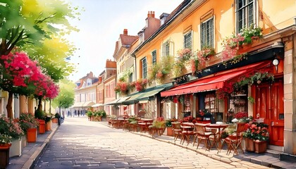 Fototapeta premium Charming watercolor European street café with outdoor seating and flower boxes