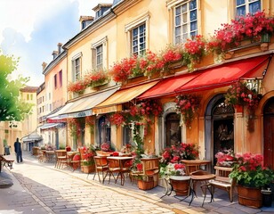 Fototapeta premium Charming watercolor European street café with outdoor seating and flower boxes