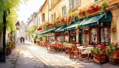 Naklejka premium Charming watercolor European street café with outdoor seating and flower boxes