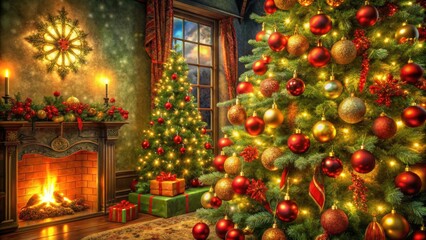 A dazzling red, gold, and green Christmas tree ornament; perfect festive décor for a winter wonderland.