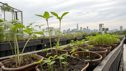 A close-up view of young plants growing in terracotta pots on a rooftop garden, with a cityscape in the background.