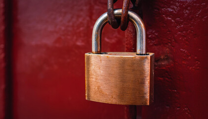 Vintage metal padlock hanging from chain against dark red backdrop. Security and protection concept