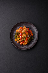 Mix of vegetables corn, carrots, peppers, broccoli, onions in teriyaki sauce