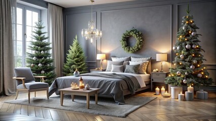 A gray Christmas bedroom showcases a modern bed, a festive holiday table, and tasteful decorations.