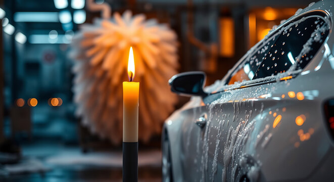 Precise architectural color photography, surreal infrared tones, white car being washed with bubbles and foam at an industrial cleaning factory, sizzling foam bokeh, Kati Heck inspired, infrared spect