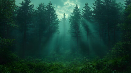 Obraz premium An Ancient Forest Filled with Tall Trees and Mystical Fog Providing Enchantment