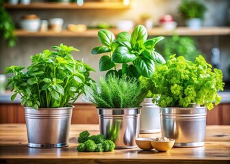 A lively kitchen herb garden flourishes: modern pots showcase basil, spinach, and parsley's vibrant growth.
