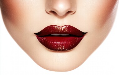 Fototapeta premium A glamorous woman with dramatic winged eyeliner, sparkling bronze eyeshadow, and matte crimson lips on a bright white background