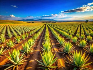 A panoramic view of a thriving aloe vera plantation, succulent plants flourishing in the desert's harsh beauty.