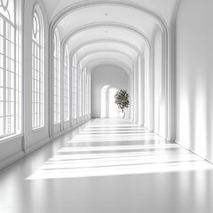 Fototapeta premium Classic white hallway with large windows and sunlight illuminating potted plant