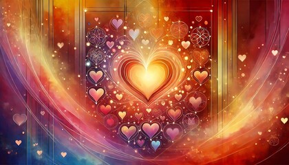 apture love as a profound emotional state in a warm and vibrant digital artwork, using soft gradients, interlocking shapes, and symbolic hearts with Generative AI