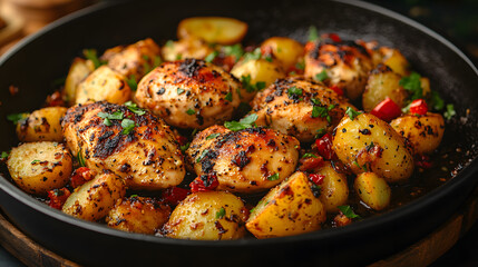 Sizzling Skillet Garlic Parmesan Chicken Served with Extra Crispy Potatoes and Fresh Herb Garnish for a Delectable Dining Experience