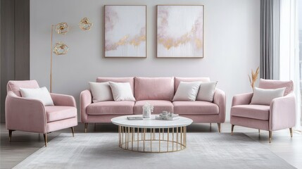 Pink velvet sofa set in modern living room.