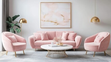 Pink velvet sofa and armchairs in modern living room.