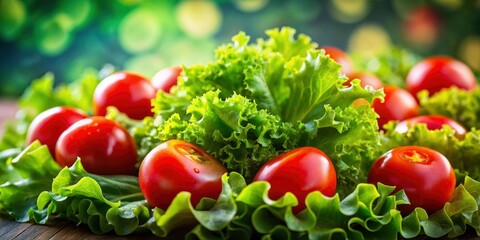 Bokeh effect isolates fresh lettuce and ripe tomato, showcasing textures and colors.