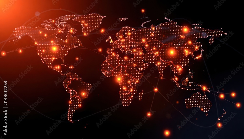 Poster global network map illustration. world map with glowing connections. dynamic display of global conne
