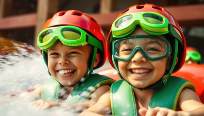 Two children in green helmets and goggles enjoy water ride. Their faces show great excitement and...