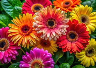Close-up top view:  Vibrant Gerber daisies dominate this urban garden photography.
