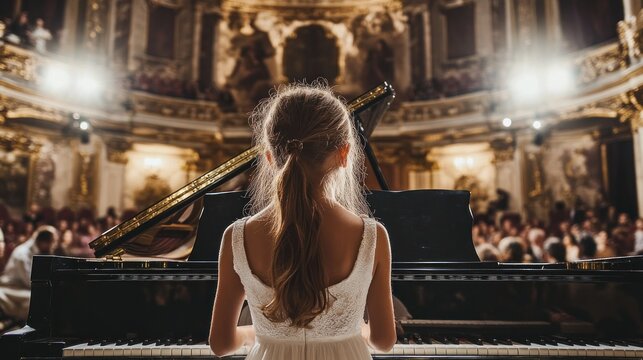 Young girl pianist performing on stage in a grand concert hall.