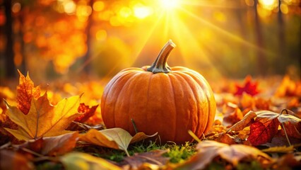 Cozy fall harvest scene: pumpkins, vibrant leaves, autumnal decor.