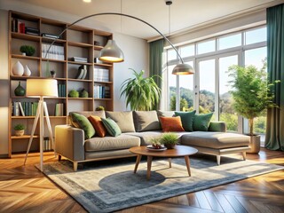 Fototapeta premium Cozy sofa, stylish carpet, and bookshelf define this modern open-plan living room design.