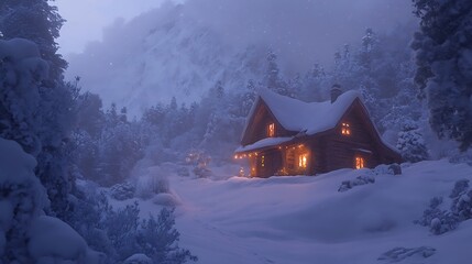 Fototapeta premium Cozy Cabin nestled in a snowy winter mountain forest